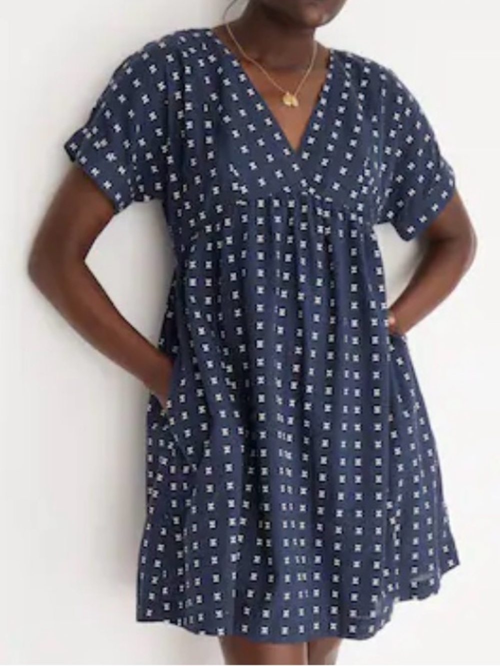Madewell Short Sleeve Mini Dress Navy Blue Embroidered Dot Pockets Small Preppy